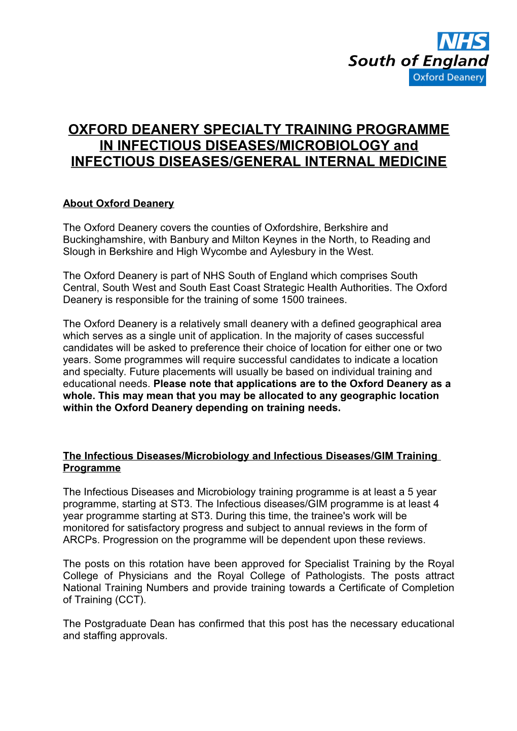 Oxford Deanery Specialty Training Programme in Insert Specialty