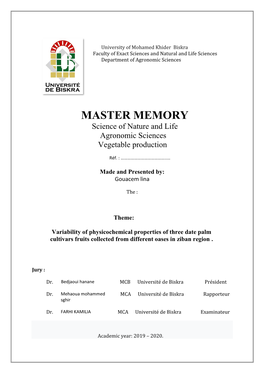 MASTER MEMORY Science of Nature and Life Agronomic Sciences Vegetable Production