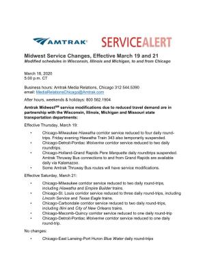 Amtrak Midwest Service Alert COVID-19