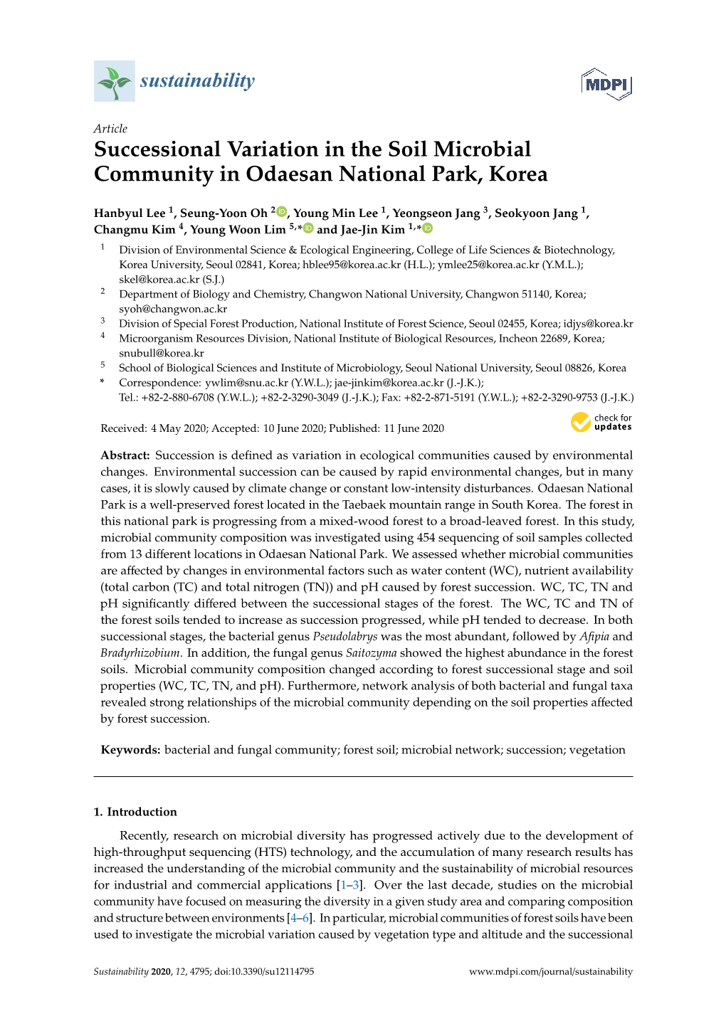Successional Variation in the Soil Microbial Community in Odaesan National Park, Korea