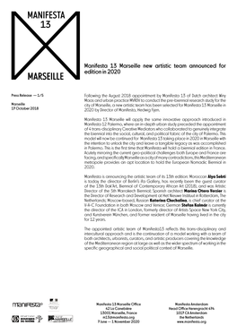 Manifesta 13 Marseille New Artistic Team Announced for Edition in 2020 MARSEILLE