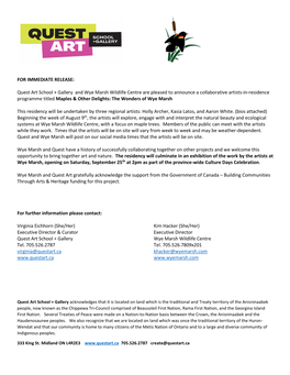 Quest Art School + Gallery and Wye Marsh Wildlife Centre Are Pleased