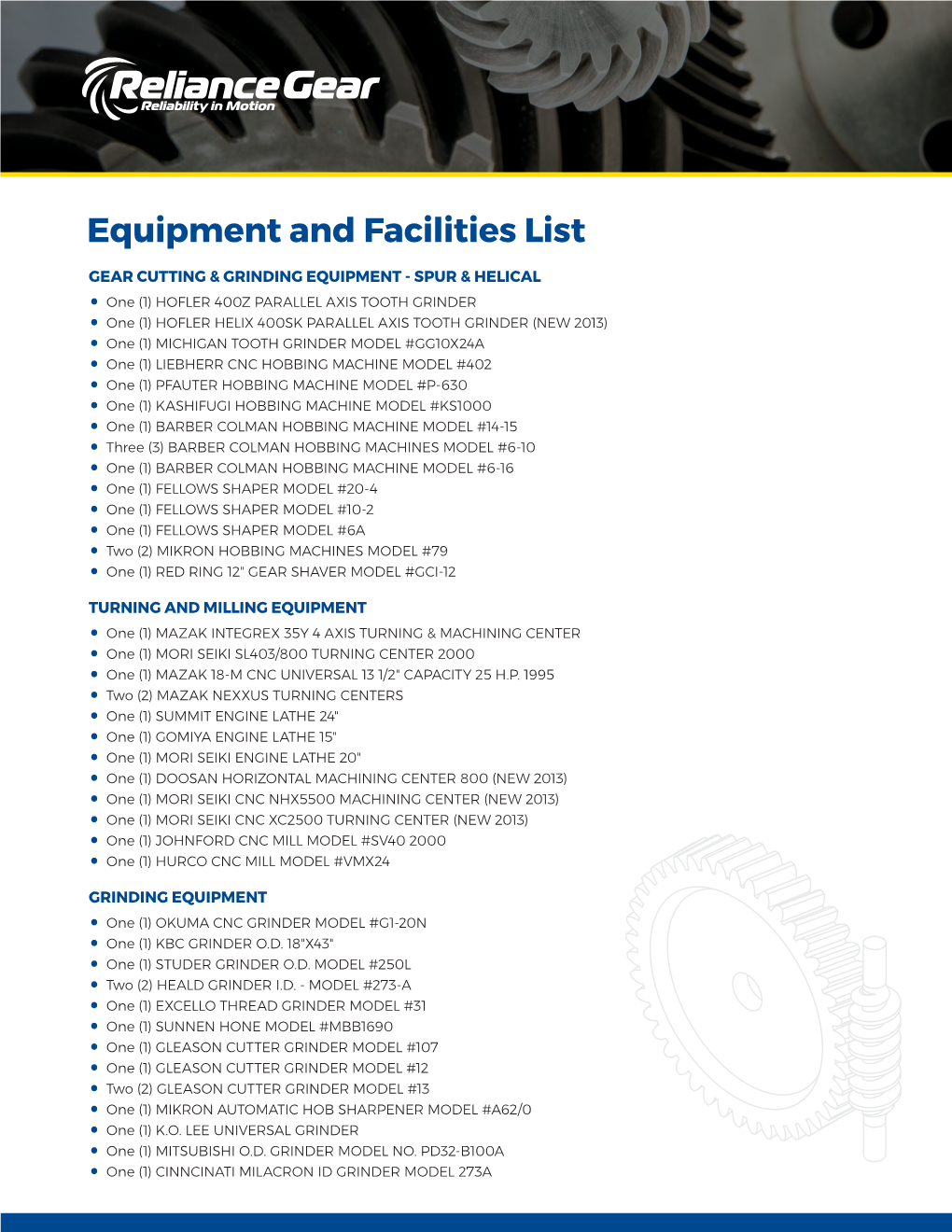 Equipment and Facilities List