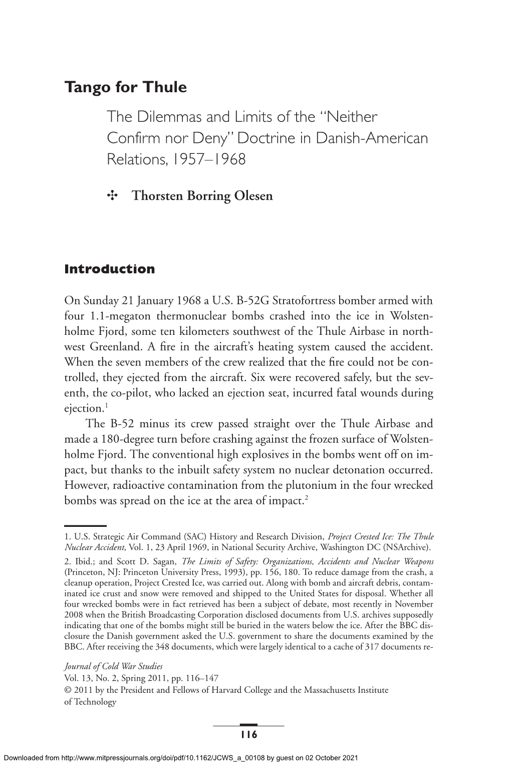 “Neither Confirm Nor Deny” Doctrine in Danish-American Relations, 1957–1968