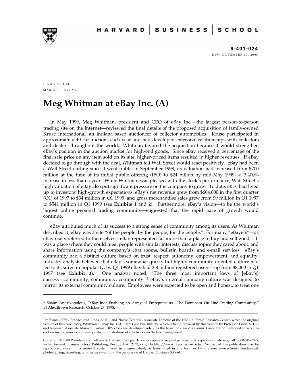 Meg Whitman at Ebay Inc. (A)