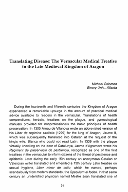 Translating Disease: the Vernacular Medical Treatise in the Late Medieval Kingdom of Aragon