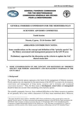 General Fisheries Commission for the Mediterranean Commission Générale Des Pêches Pour La Méditerranée
