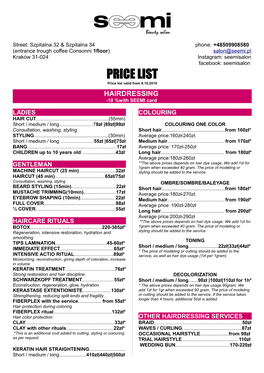 PRICE LIST Price List Valid from 8.10.2019 HAIRDRESSING -10 %With SEEMI Card