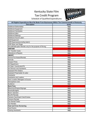 Kentucky State Film Tax Credit Program Schedule of Qualified Expenditures