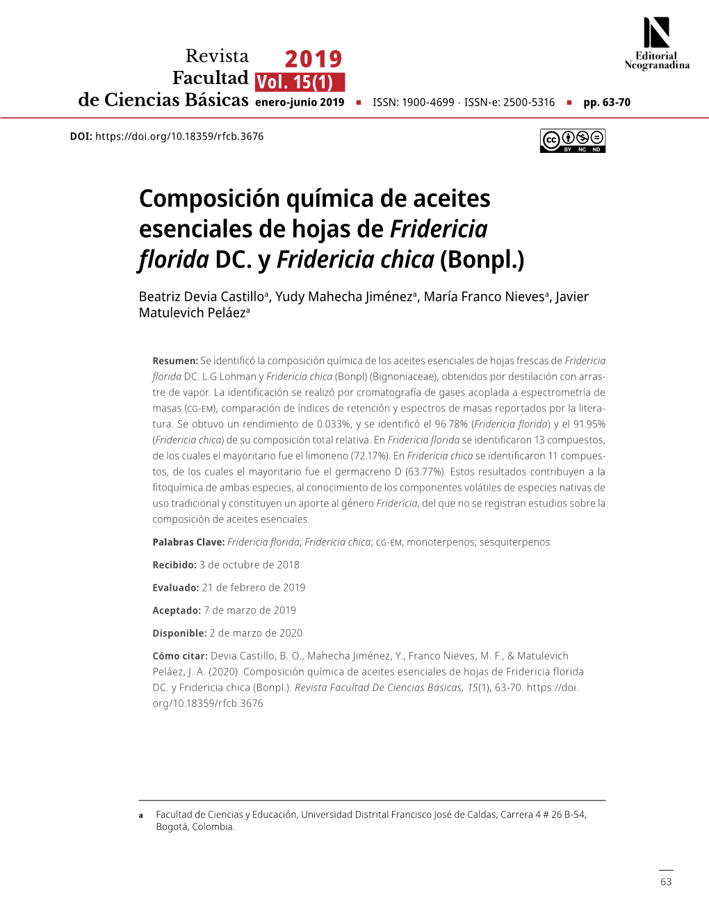 Composición Química De Aceites Esenciales De Hojas De Fridericia Florida DC