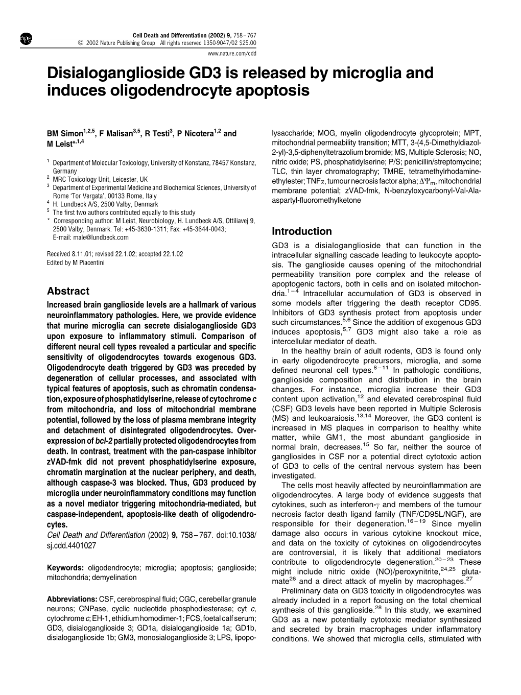 Disialoganglioside GD3 Is Released by Microglia and Induces Oligodendrocyte Apoptosis