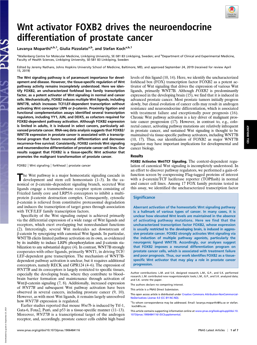 Wnt Activator FOXB2 Drives the Neuroendocrine Differentiation of Prostate Cancer