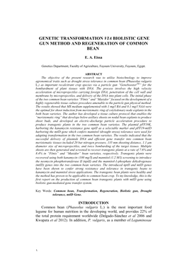 Genetic Transformation Via Biolistic Gene Gun Method and Regeneration of Common Bean