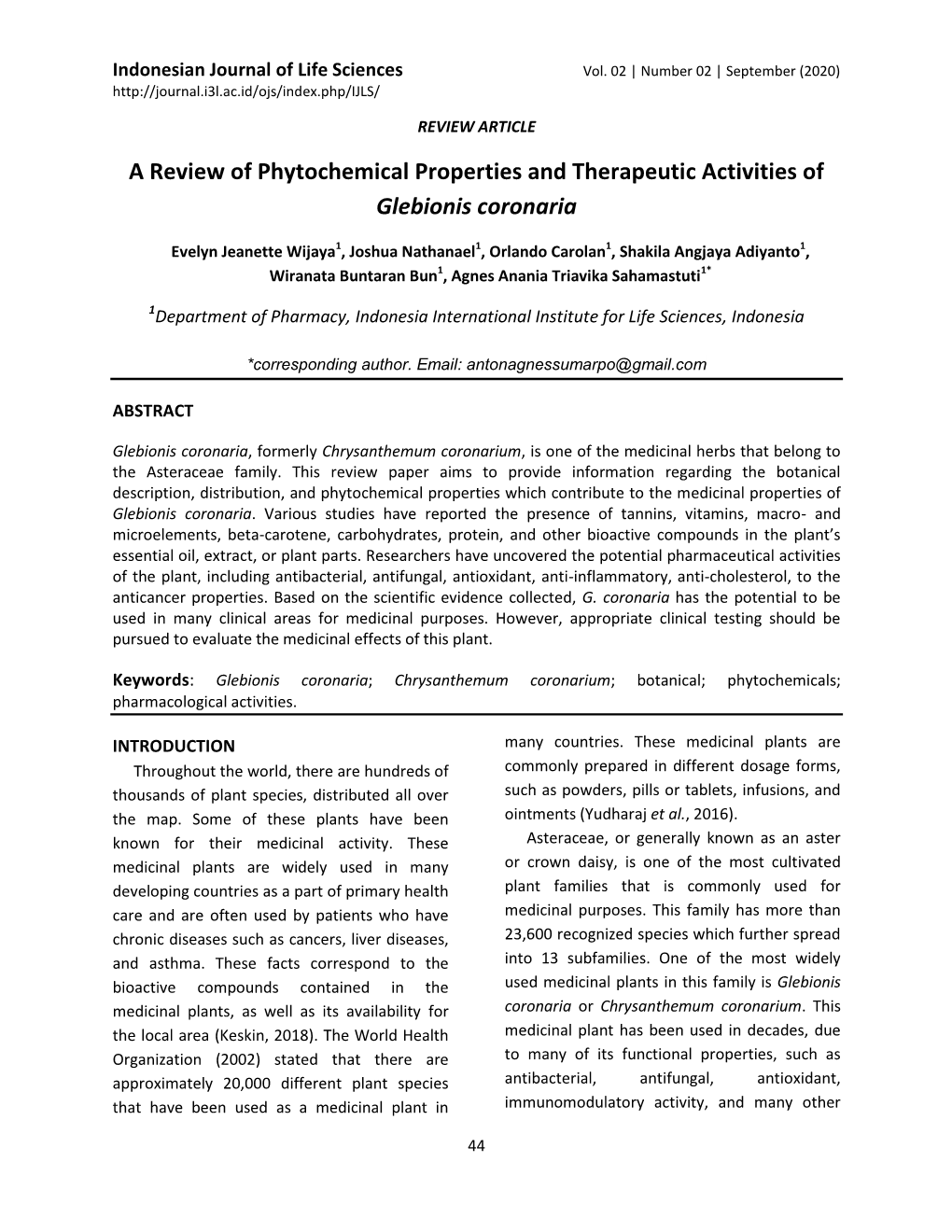 A Review of Phytochemical Properties and Therapeutic Activities of Glebionis Coronaria