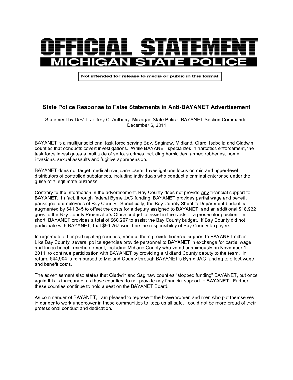 State Police Response to False Statements in Anti-BAYANET Advertisement