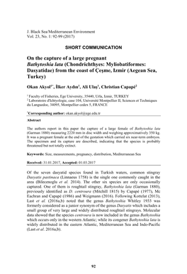 On the Capture of a Large Pregnant Bathytoshia Lata (Chondrichthyes: Myliobatiformes: Dasyatidae) from the Coast of Çeşme, Izmir (Aegean Sea, Turkey)