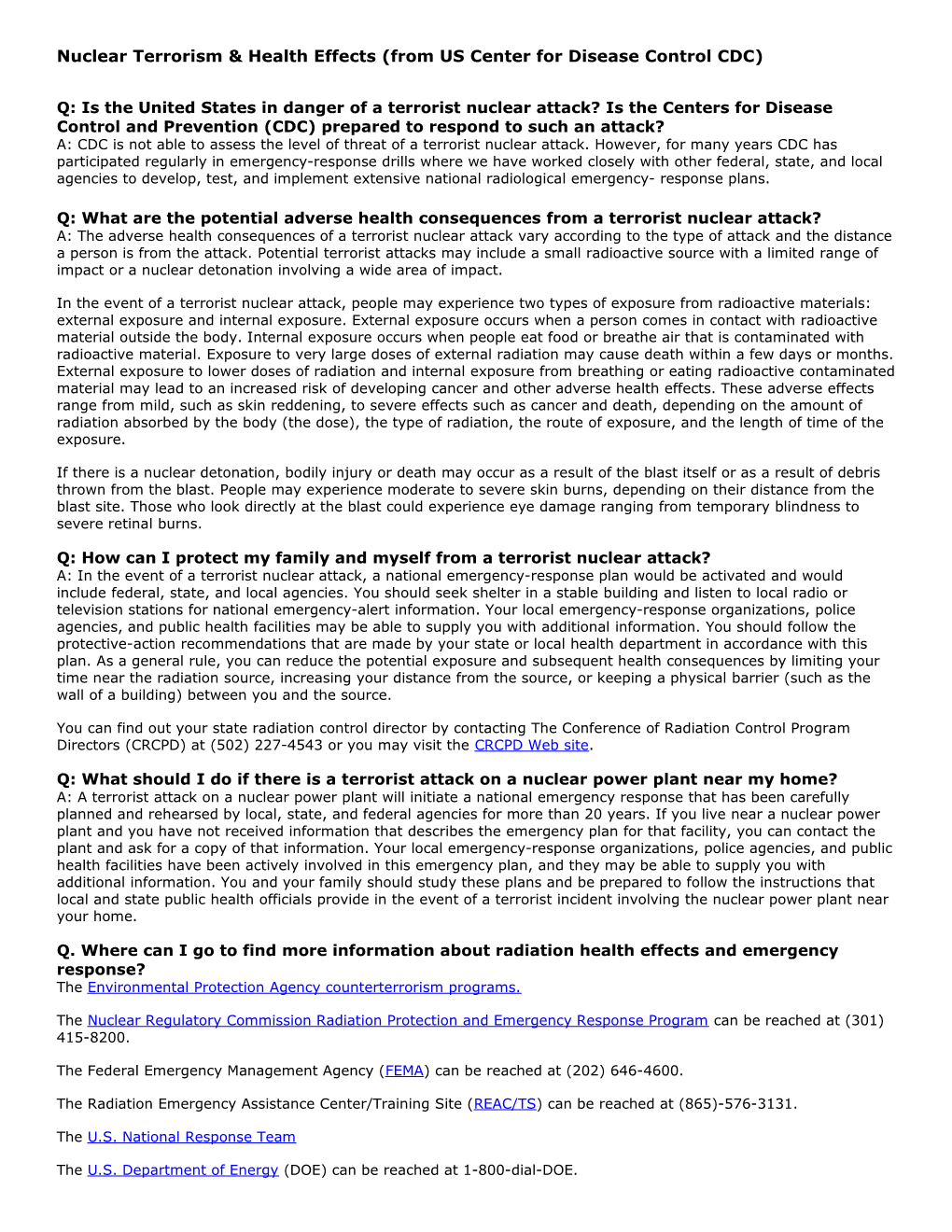 Nuclear Terrorism & Health Effects (From US Center for Disease Control CDC)