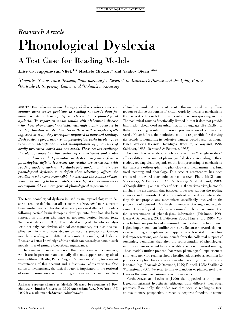 Phonological Dyslexia a Test Case for Reading Models Elise Caccappolo ...