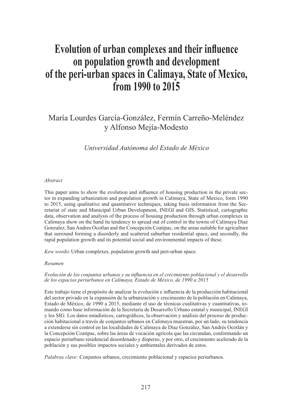 Evolution of Urban Complexes and Their Influence on Population Growth and Development of the Peri-Urban Spaces in Calimaya, State of Mexico, from 1990 to 2015