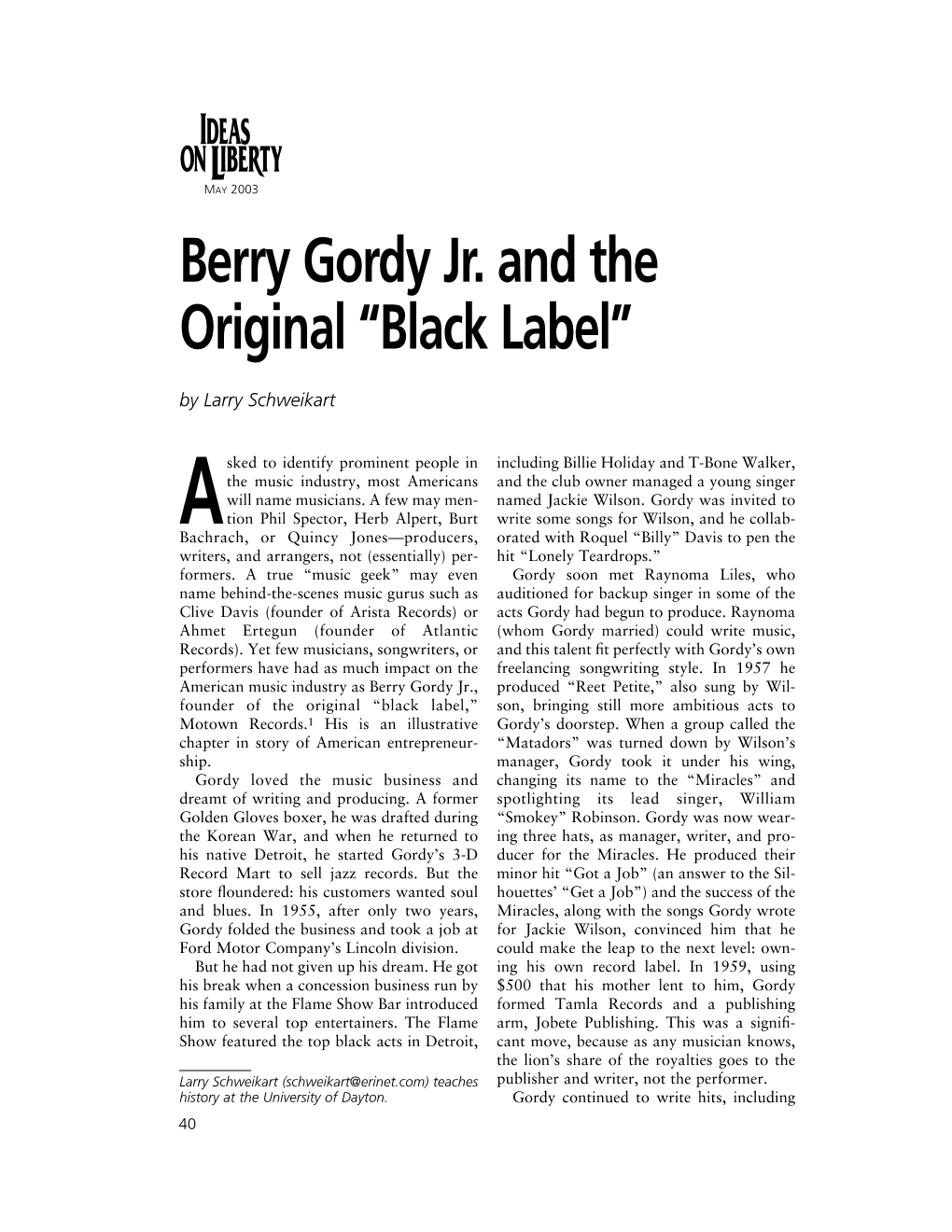 Berry Gordy Jr. and the Original “Black Label” by Larry Schweikart