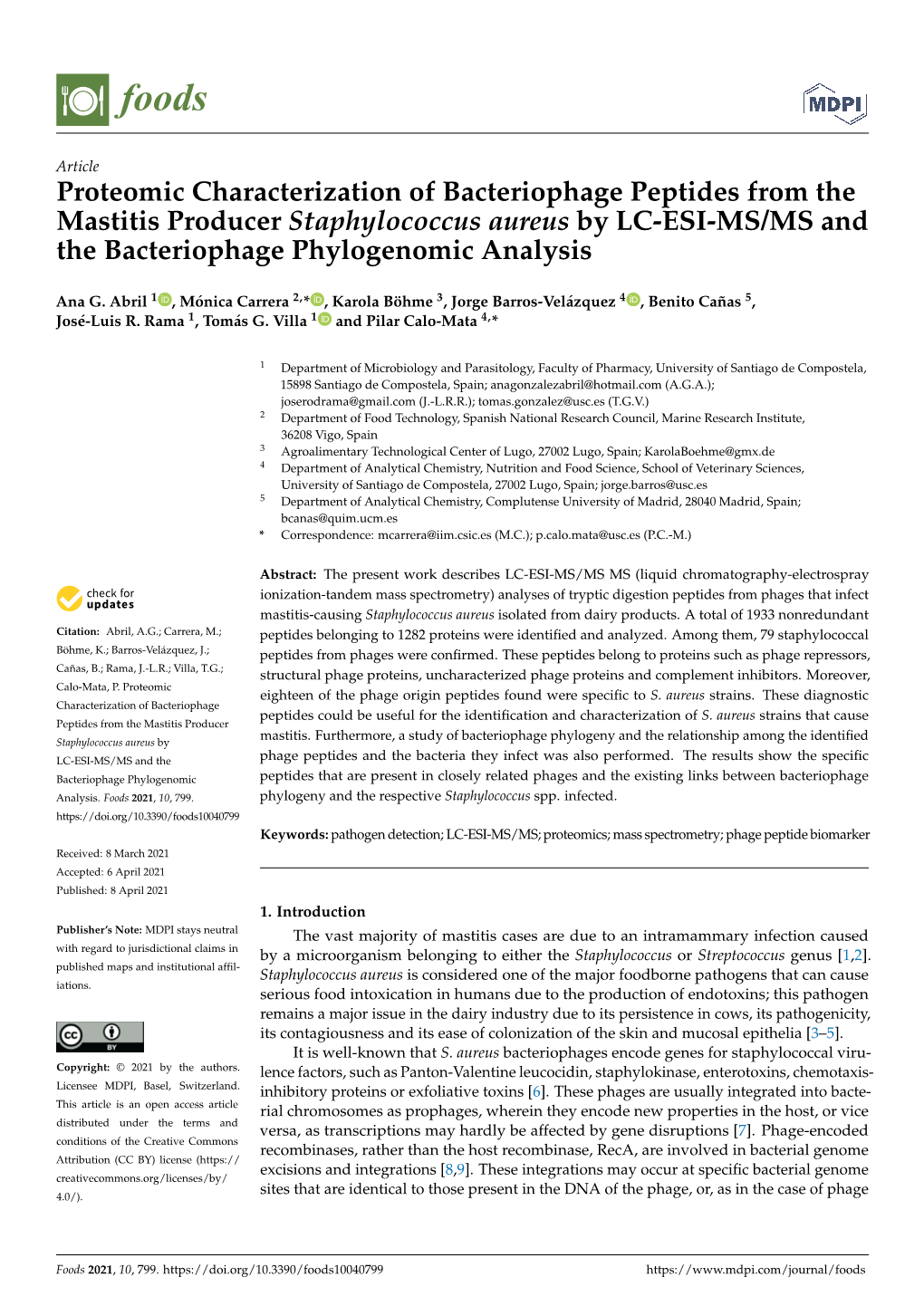 Proteomic Characterization of Bacteriophage Peptides from the Mastitis Producer Staphylococcus Aureus by LC-ESI-MS/MS and the Bacteriophage Phylogenomic Analysis