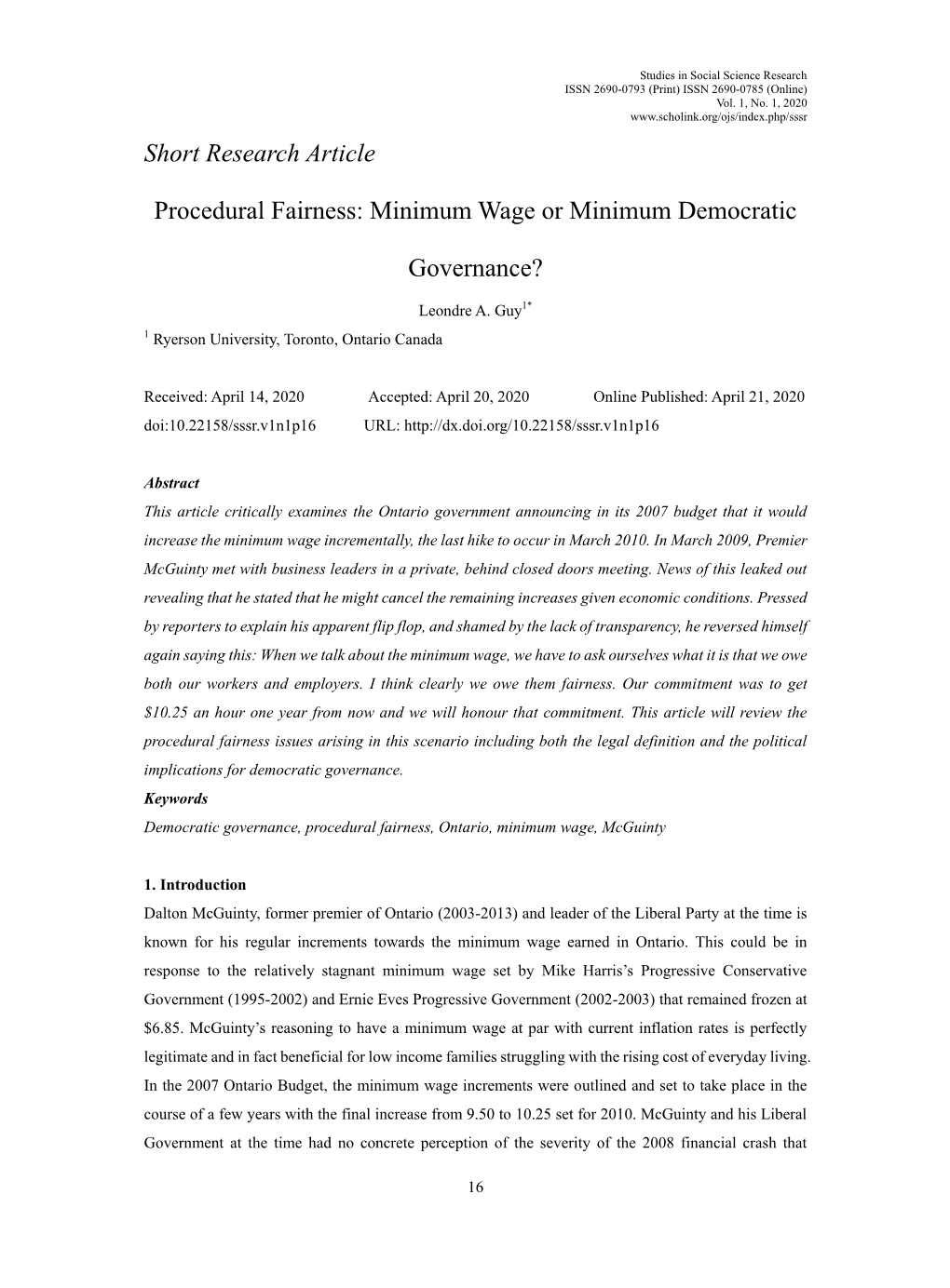 Short Research Article Procedural Fairness: Minimum Wage Or