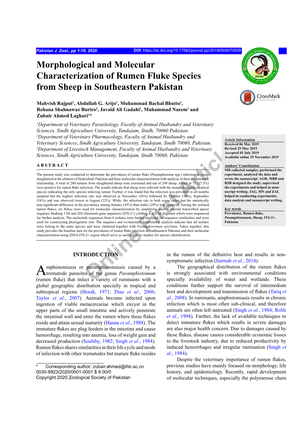 Morphological and Molecular Characterization of Rumen Fluke Species from Sheep in Southeastern Pakistan