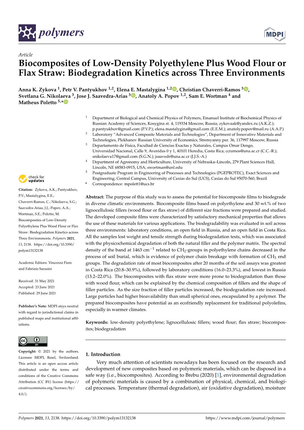 Biocomposites of Low-Density Polyethylene Plus Wood Flour Or Flax Straw: Biodegradation Kinetics Across Three Environments