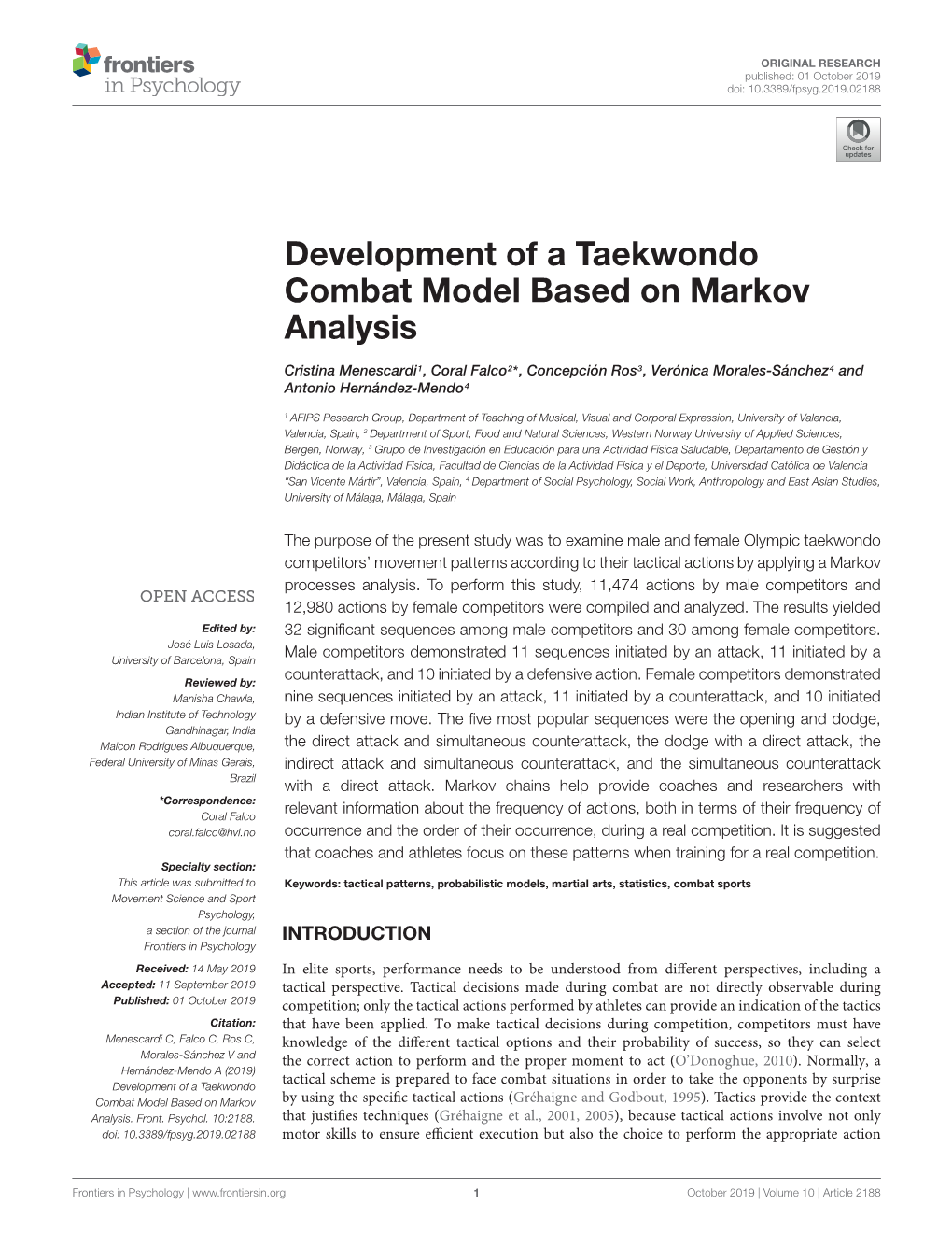 Development of a Taekwondo Combat Model Based on Markov Analysis