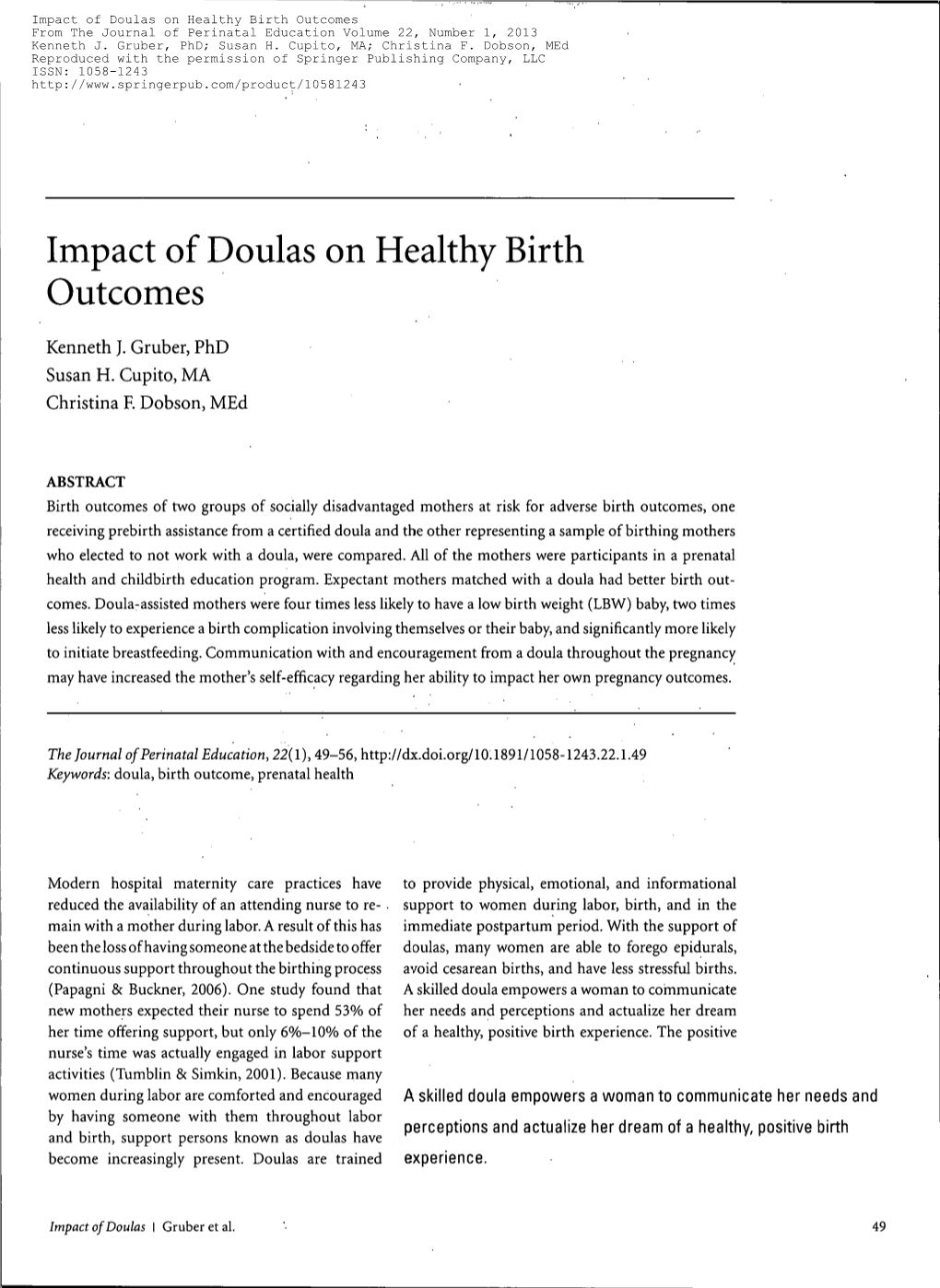 Impact of Doulas on Healthy Birth Outcomes