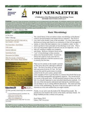 PMF NEWSLETTER a Publication of the Pharmaceutical Microbiology Forum DISTRIBUTED INTERNATIONALLY