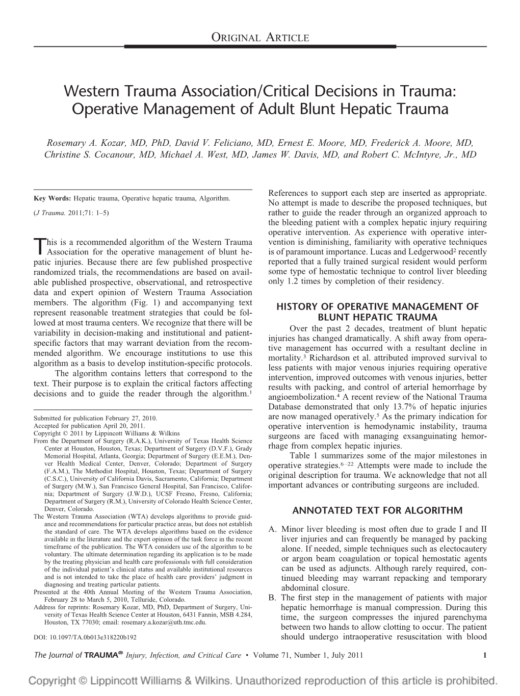 Operative Management of Adult Blunt Hepatic Trauma