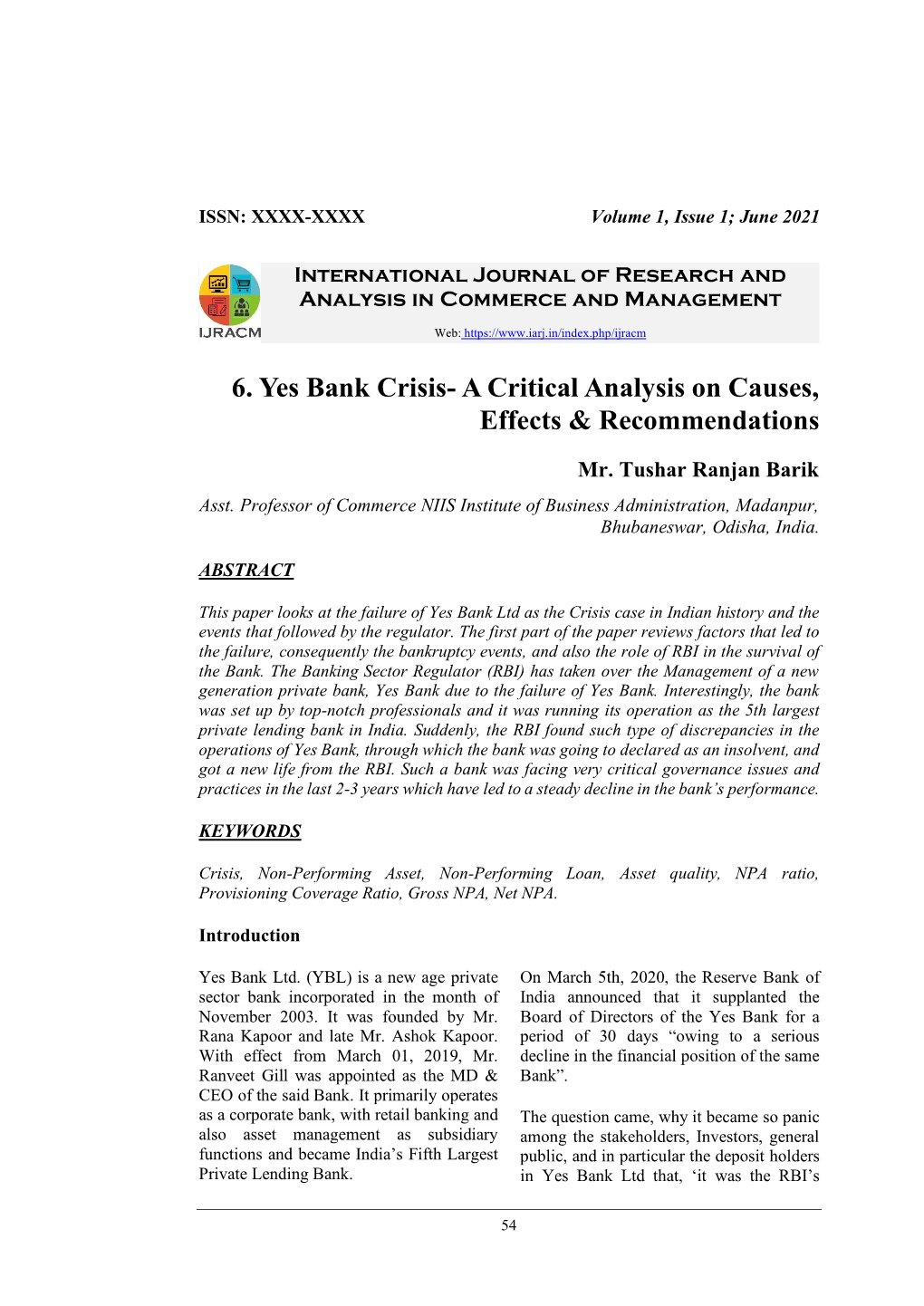 6. Yes Bank Crisis- a Critical Analysis on Causes, Effects & Recommendations