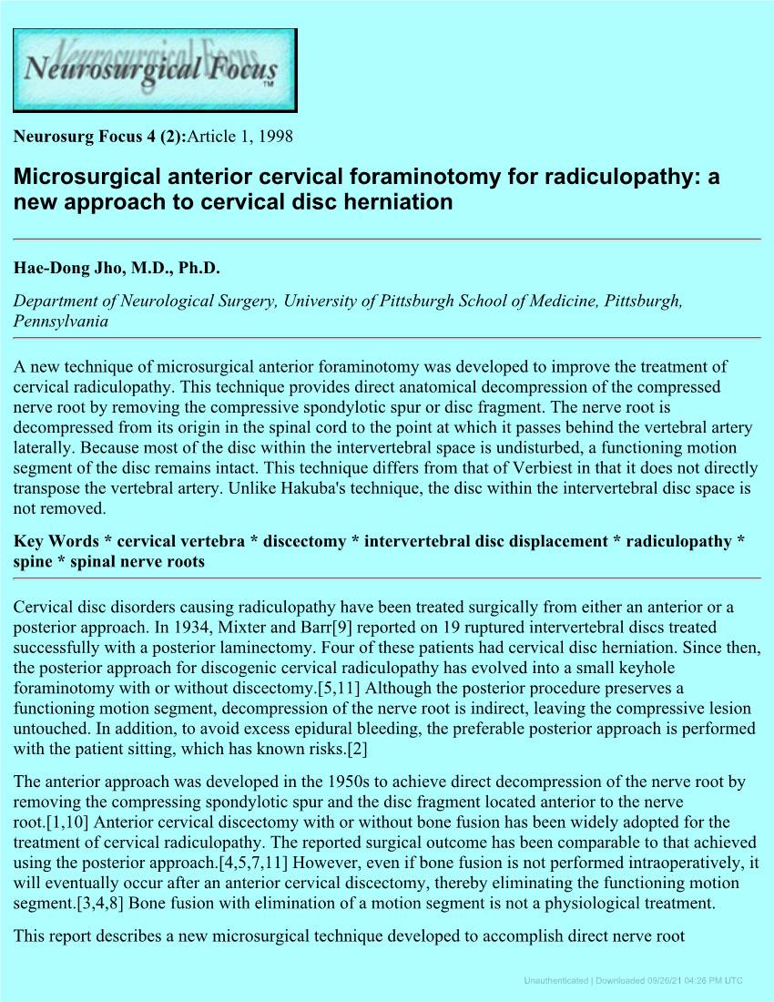 Microsurgical Anterior Cervical Foraminotomy for Radiculopathy: a New Approach to Cervical Disc Herniation