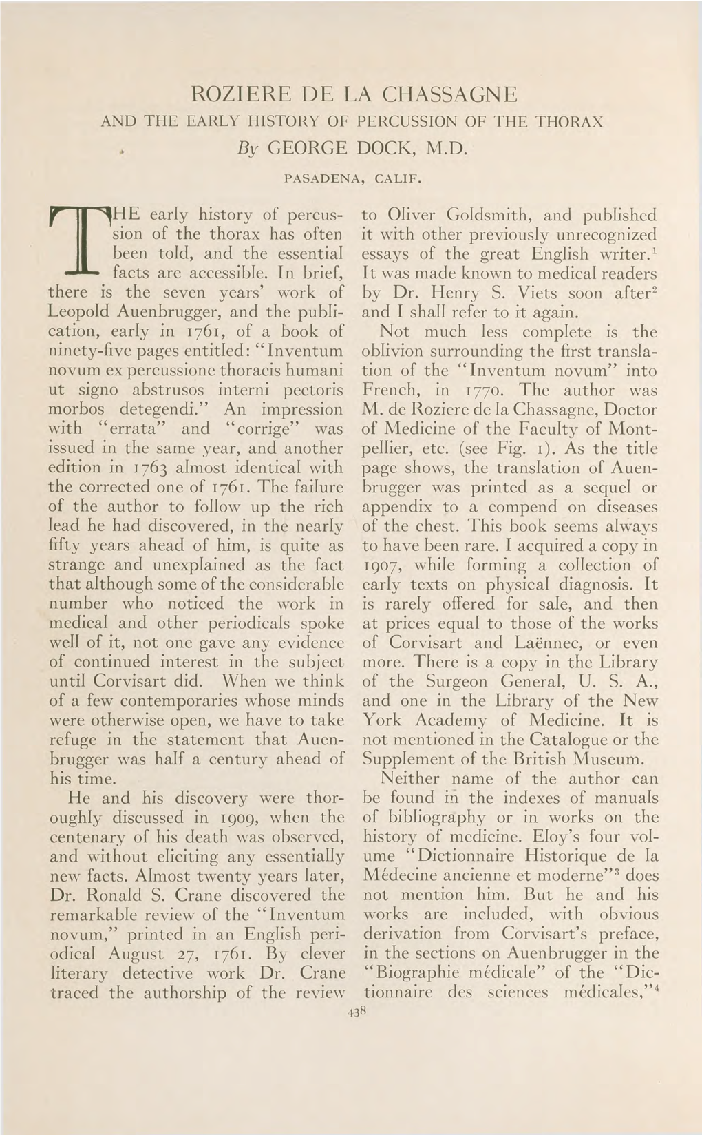 ROZIERE DE LA CHASSAGNE and the EARLY HISTORY of PERCUSSION of the THORAX by GEORGE DOCK, M.D