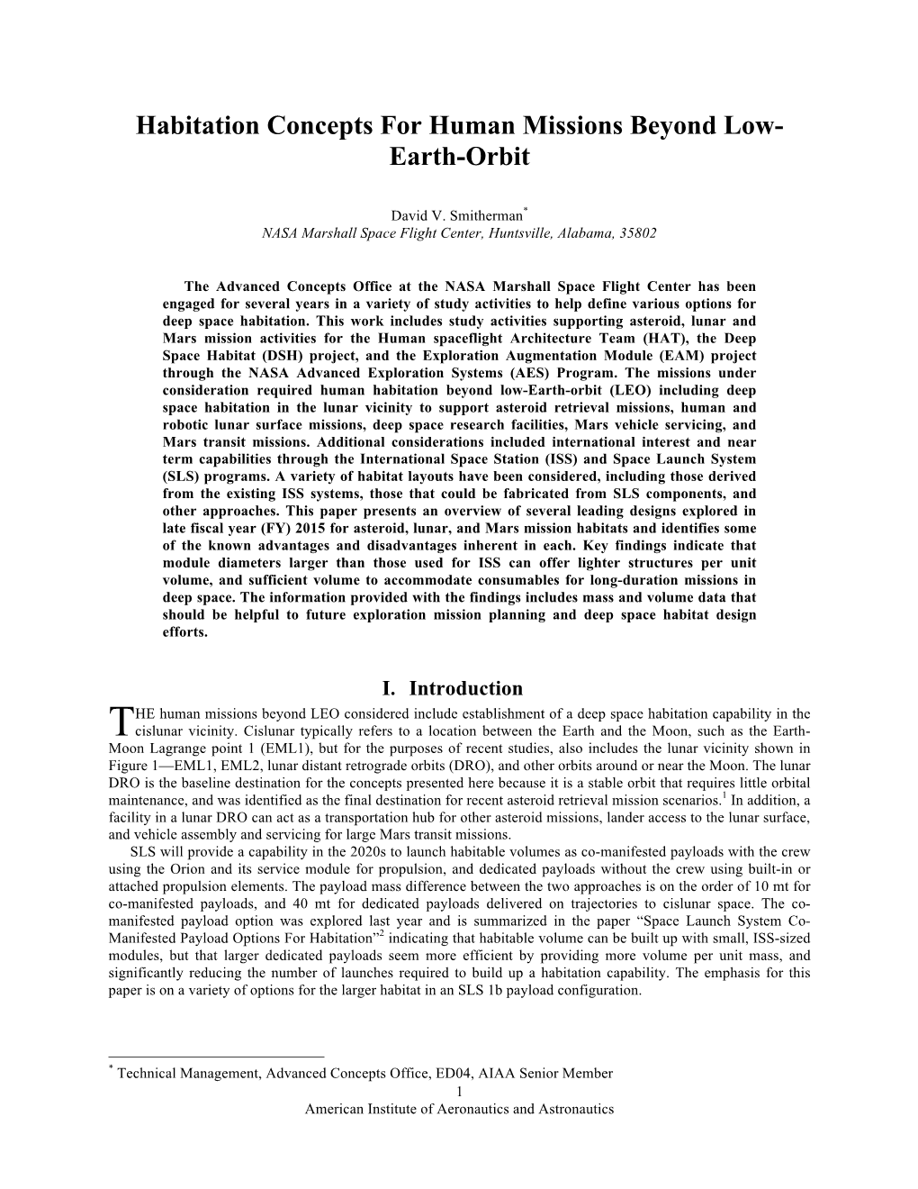 Habitation Concepts for Human Missions Beyond Low- Earth-Orbit