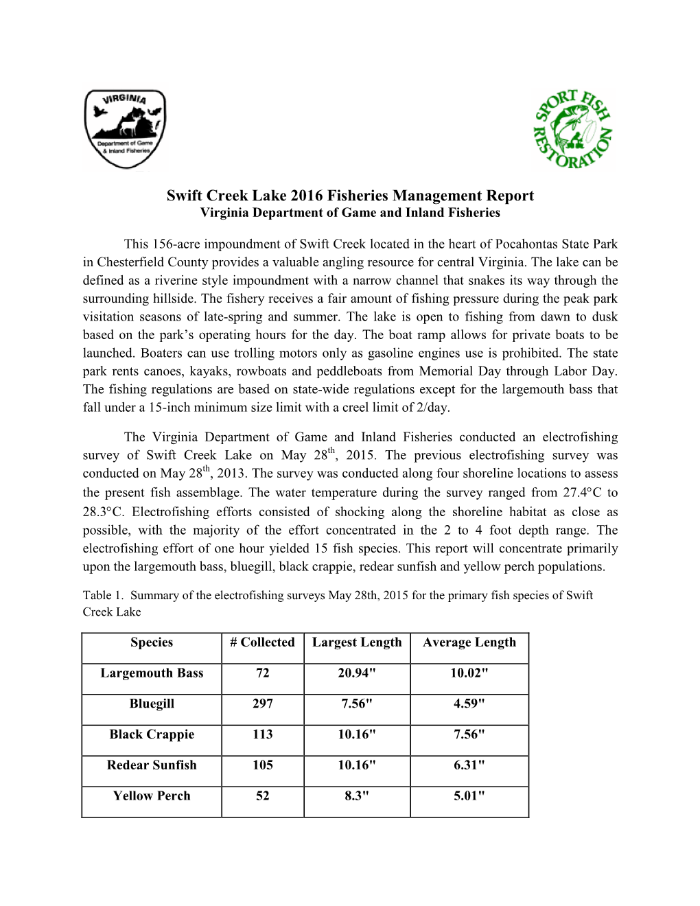 Swift Creek Lake 2016 Fisheries Management Report Virginia Department of Game and Inland Fisheries