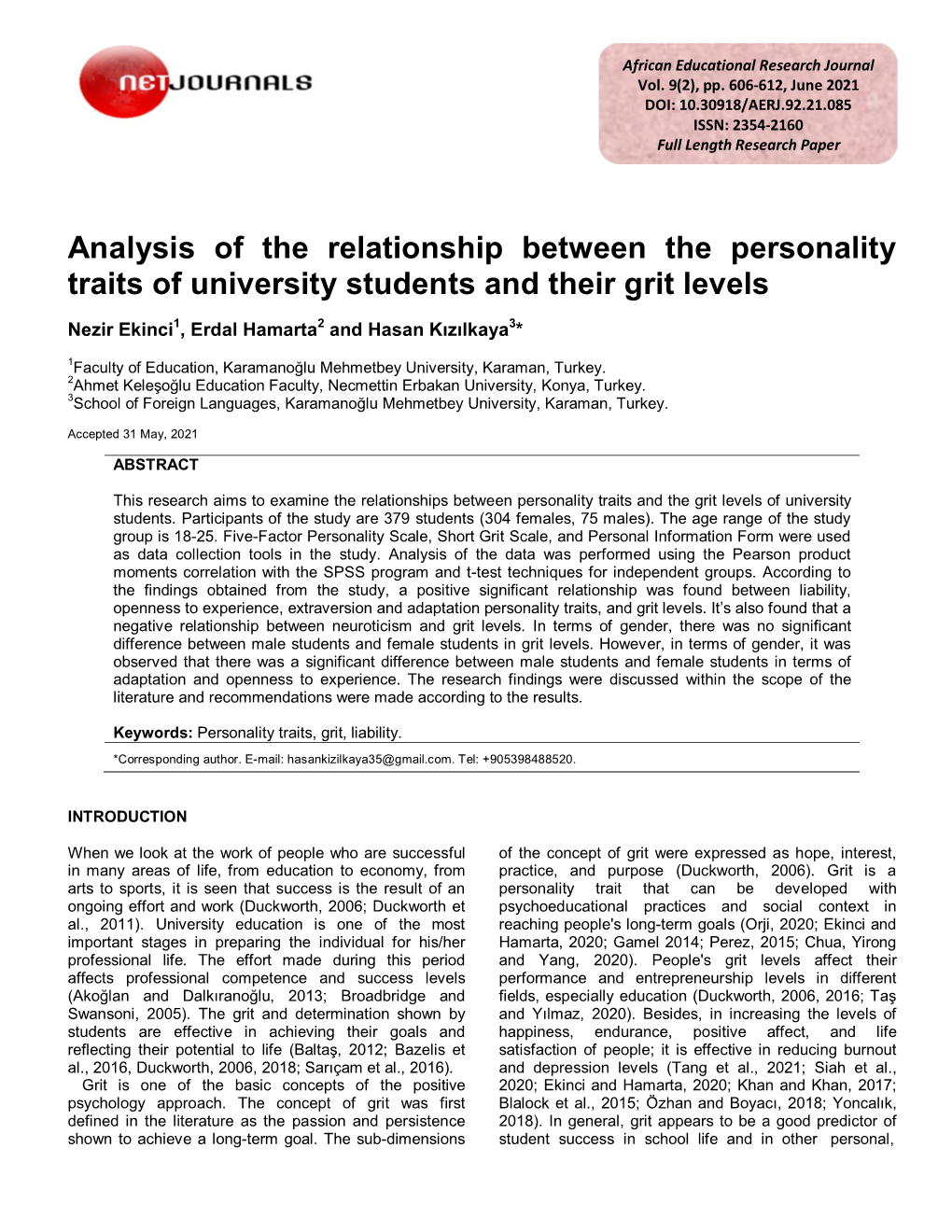 Analysis of the Relationship Between the Personality Traits of University Students and Their Grit Levels