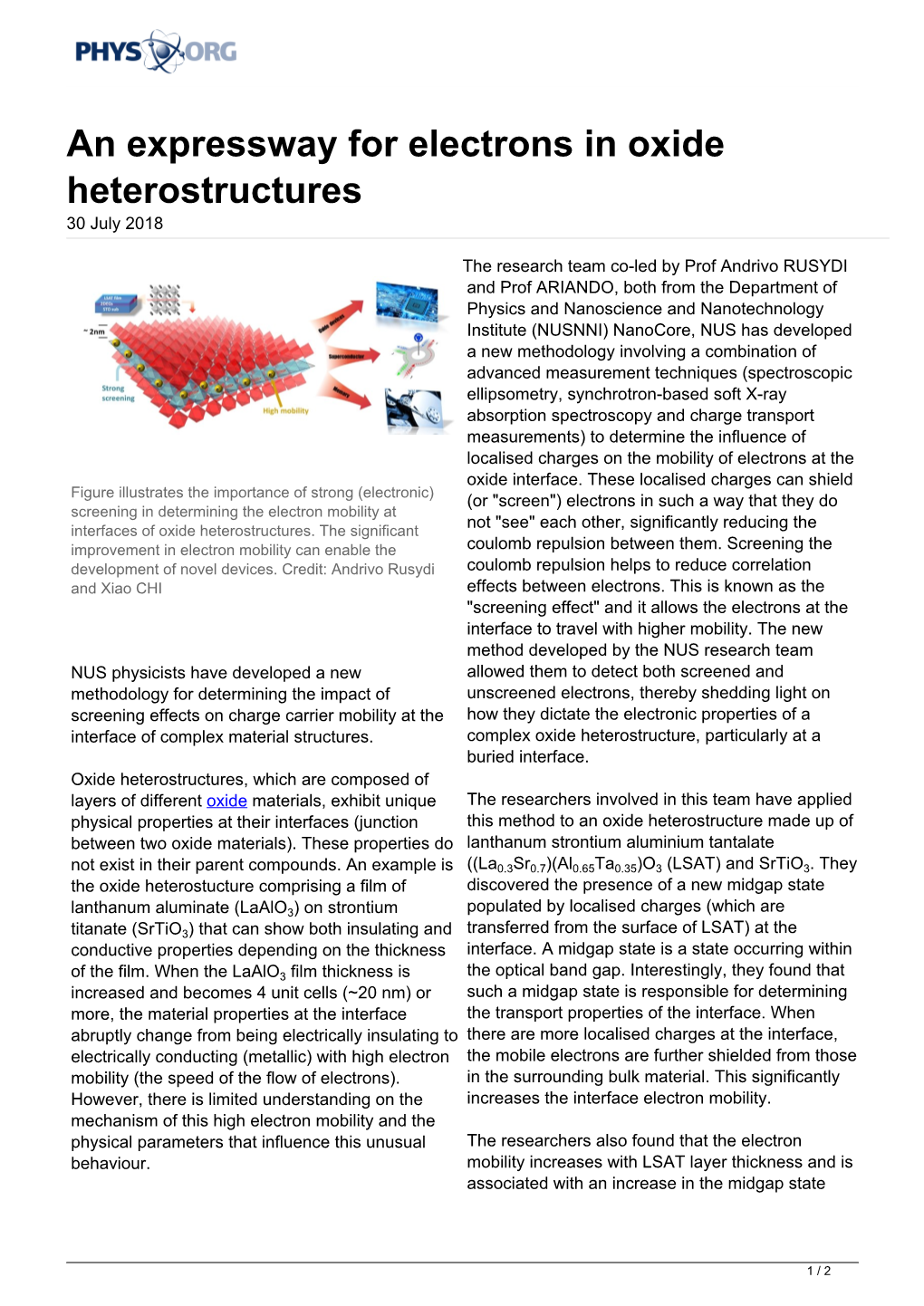 An Expressway for Electrons in Oxide Heterostructures 30 July 2018