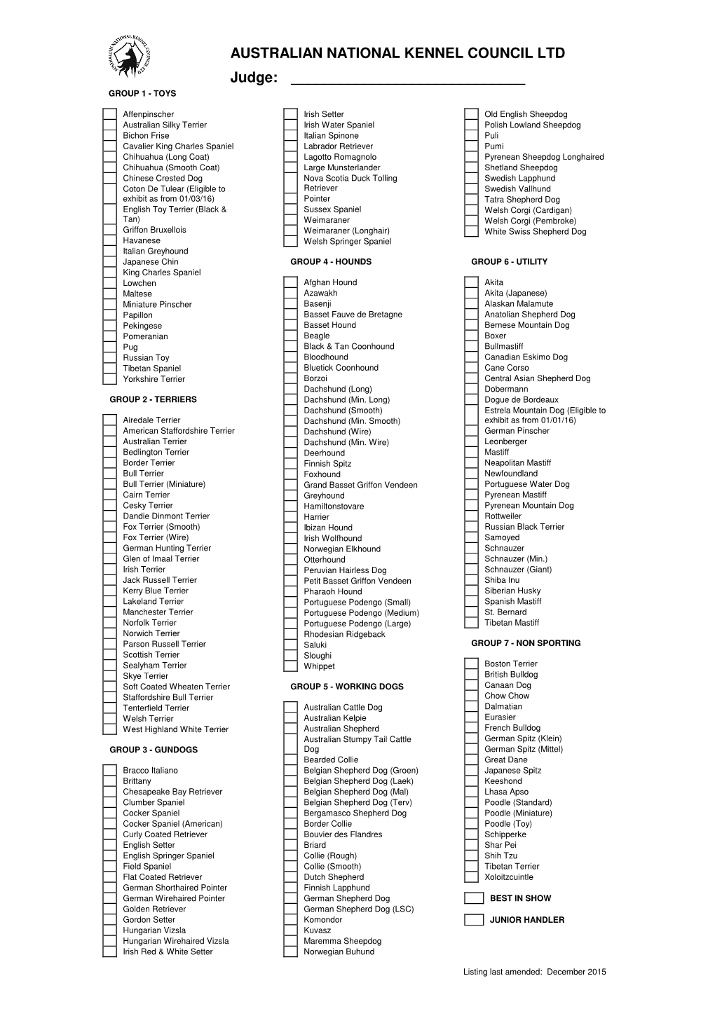 AUSTRALIAN NATIONAL KENNEL COUNCIL LTD Judge