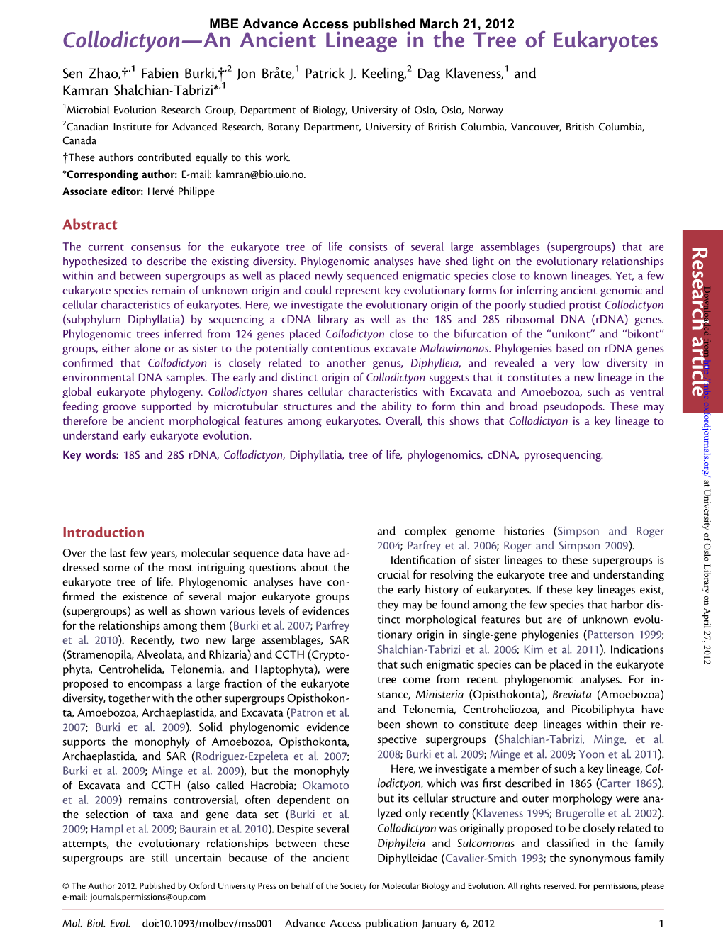 Collodictyon—An Ancient Lineage in the Tree of Eukaryotes Research