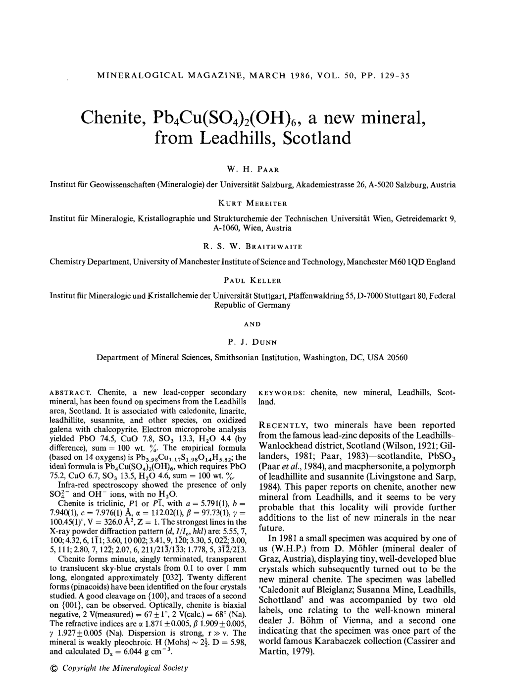 Chenite, Pb4cu(SO4)2(OH)6, a New Mineral, from Leadhills, Scotland