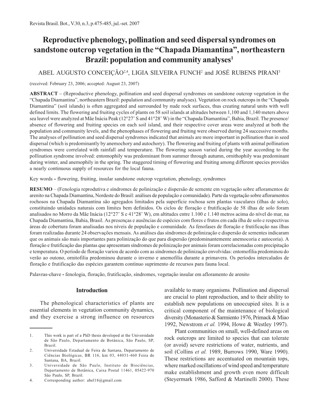 Reproductive Phenology, Pollination and Seed Dispersal Syndromes on Sandstone Outcrop Vegetation in the “Chapada Diamantina”, Northeastern Brazil: Population and Community