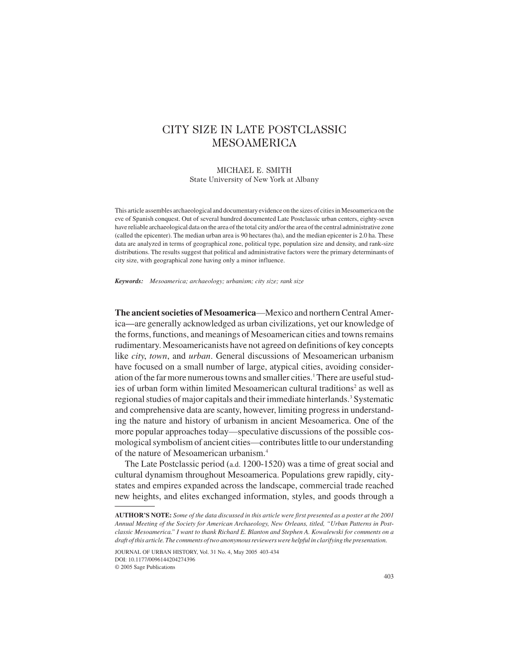 Smith ME. City Size in Late Postclassic Mesoamerica. Journal