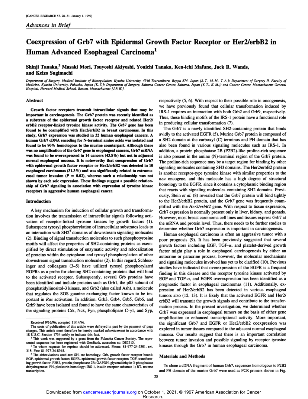 Coexpression of Grb7 with Epidermal Growth Factor Receptor Or Her2/Erbb2 in Human Advanced Esophageal Carcinoma1