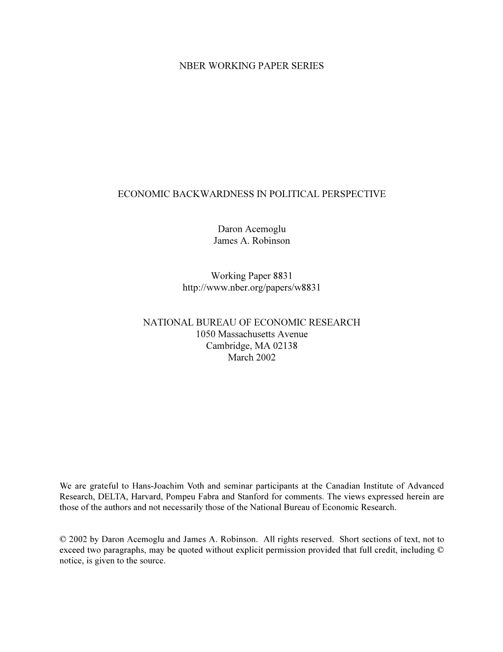 Nber Working Paper Series Economic Backwardness In