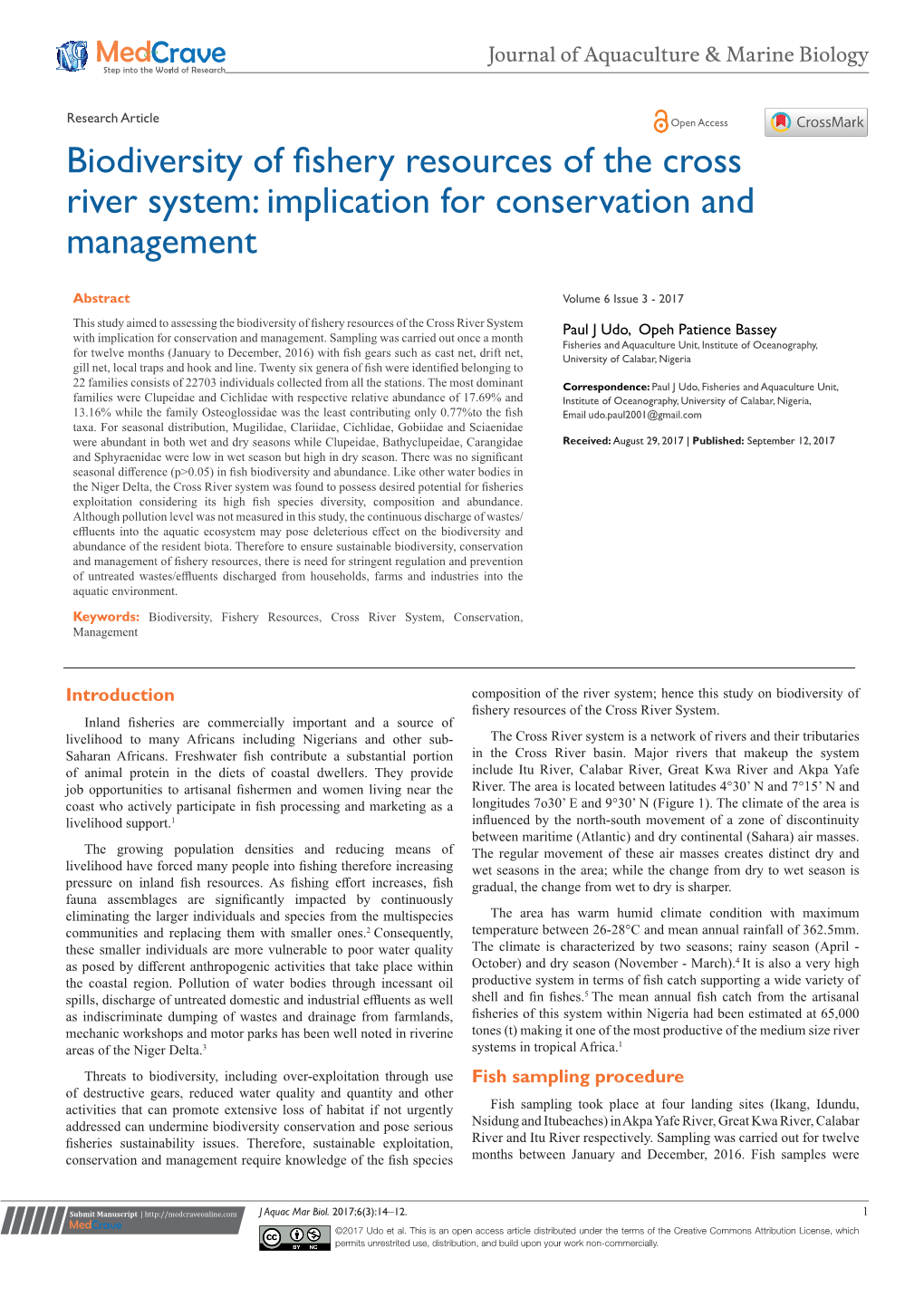 Biodiversity of Fishery Resources of the Cross River System: Implication for Conservation and Management