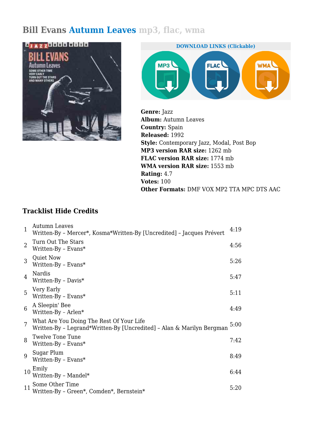 Bill Evans Autumn Leaves Mp3, Flac, Wma