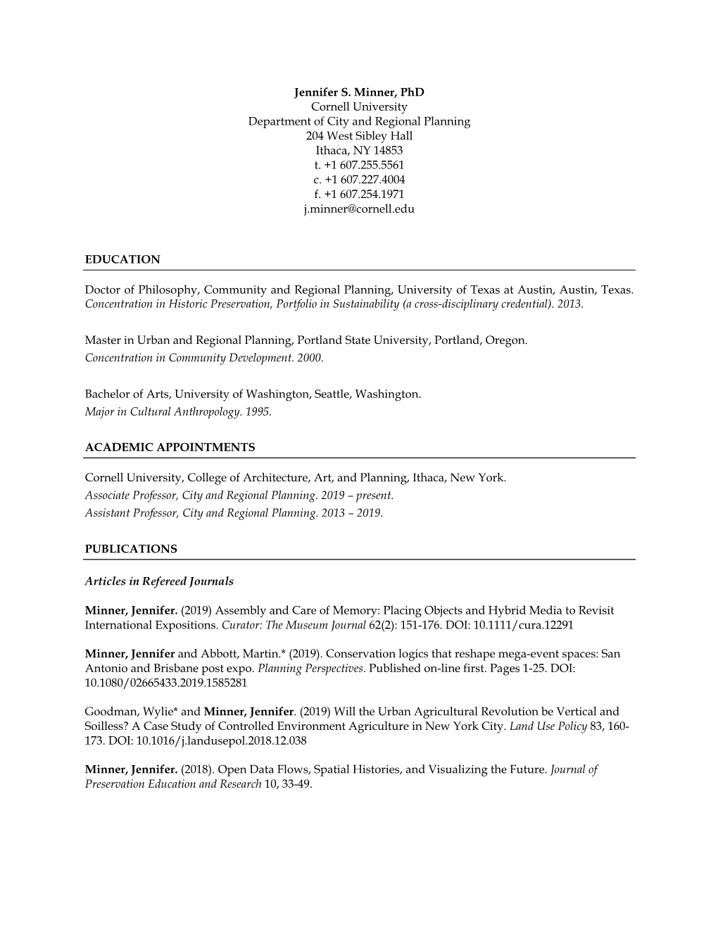 U of O Faculty Position Jennifer Minner CV Updated October 1 2012.Docx