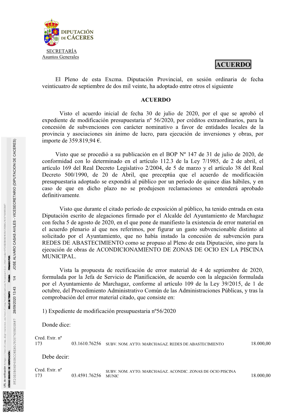 Nº56/2020. Expediente De Modificación Presupuestaria Por Créditos